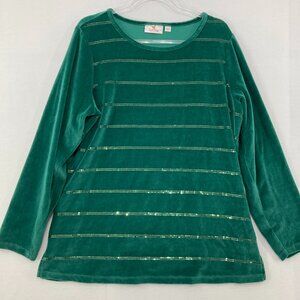 Quacker Factory Large Green Velvet Sequins Stretch Cozy Pull-over Holiday